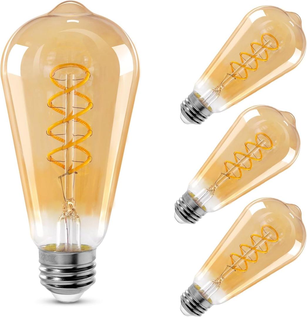 LED Dimmable Edison Light Bulbs 4W, 2200K-2400K Warm White (Amber Glass) ST64, E26 Base Pack of 5
