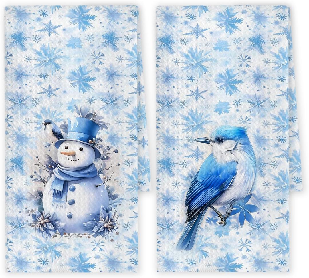 Chicimln Blue Winter Christmas Kitchen Towels, Christmas Snowman Bird Decorative Hand Towels for Bathroom, Winter Snowflake Xmas Dish Tea Towel Drying Cloth for Kitchen Decor, 16x24 Inch Set of 2