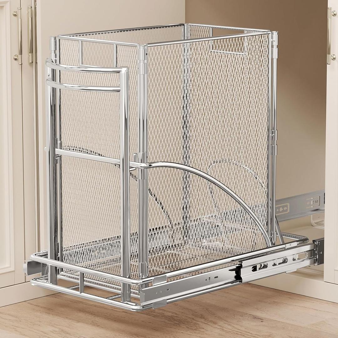 ANASTA Cabinet Trash Can Pull Out Kit, Heavy Duty Under Sink Garbage Can Pull Out Track + 7 Gal Bin, Under Cabinet Slide Out Organizer, Trash Can Drawer Slide for Counter, Botes de Basura para Cocina (Silver)