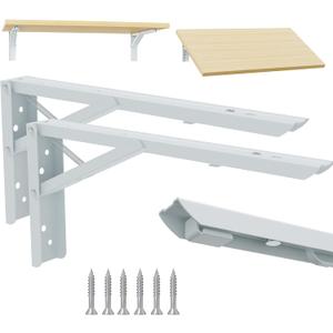 Folding Shelf Brackets 12 Inch - White Metal Heavy Duty Brackets - Collapsible Wall Mounted Shelf Bracket for Work Table, Ironing Board, DIY Table Work Bench, 2 Pack Folding Shelf Hinge Load 132lb