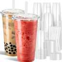 Ginkgo 32 oz Clear Plastic Cups with Lids and Jumbo Straws, Disposable To Go Iced Coffee Cups for Smoothie, Boba Milk Tea - 50 Pack