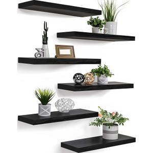 PHPH Wood Floating Shelves for Wall, Wooden Wall Shelves for Bedroom, Set of 6 Black 17 Inch