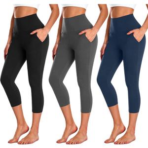 NEW YOUNG 3 Pack Capri Leggings for Women with Pockets-High Waisted Tummy Control Workout Gym Yoga Pants (Small-Medium, 1-black/Dark Gray/Navy Blue)