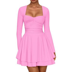 AGSEEM Womens Mini Dress Long Sleeve Square Neck Ruffle Hem Corset Ruched Waist A Line Short Party Dresses (Pink, XL)