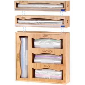 6 in 1 Storage Bag Organizer Kitchen Drawer, Bamboo Foil and Plastic Wrap Dispenser with Slider Cutter, Kitchen Bag Organizer for Quart, Gallon, Sandwich and Snack Bags