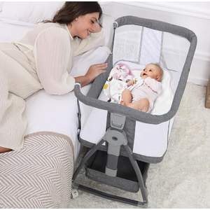 3 in 1 Baby Bassinet Bedside Sleeper with Mattress and Wheels, 5 Height Adjustable Bed Side Bassinets for Newborn, Gray Rocking Bassinet for Baby