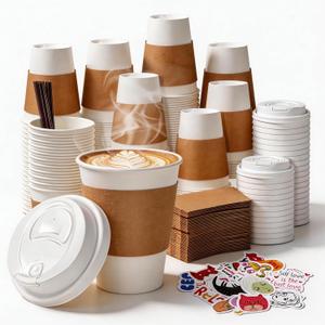 12 oz Disposable Coffee Cups with Lids, Sleeves and Stirrers 100 Pack, Hot Cups with Lids, Leak-Proof To Go Cups for Hot Chocolate, Cocoa, Office, Coffee Bar Accessories