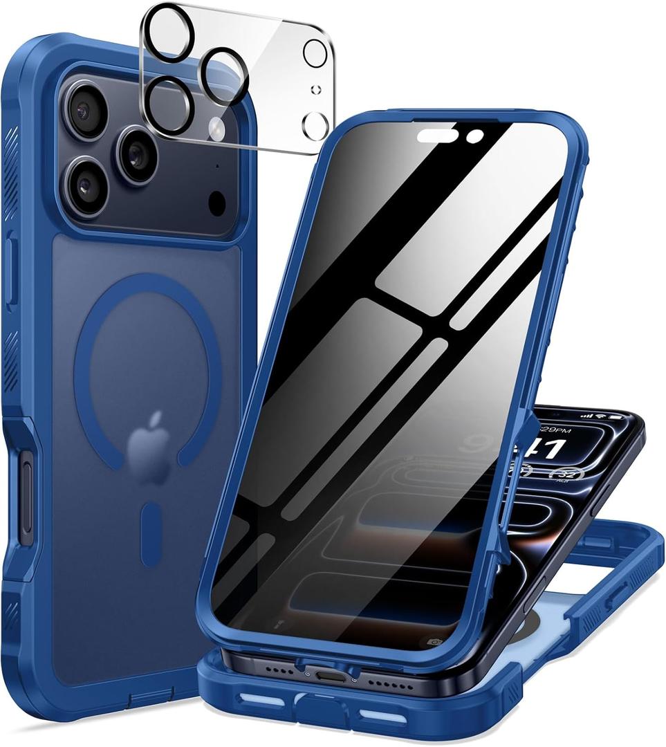 seacosmo for iPhone 17 Pro Max Case, Full Body Bumper with Built-in Tempered Glass Privacy Screen and Camera Lens Protector, Compatible with MagSafe, Shockproof 17 Pro Max Phone Case, 6.9", Blue Matte