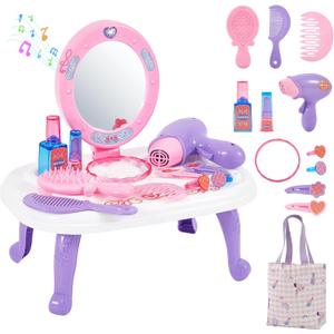 Toddler Vanity Makeup Table Toy for Girls with Mirror Lights & Music, Pretend Play Beauty Salon Set with Hair Dryer, Comb & Accessories, Princess Vanity Playset Birthday Gifts for 2-6 Year Old Girls