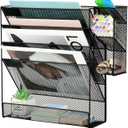 Spacrea File Organizer Wall Mount, 5 Tier Hanging Mail Organizer Folder Holder, Mesh Desk Accessories and Organizers, Paper Document Magazine Rack with 3 Pen Holder for Office Home School(Black)