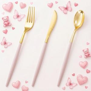 I00000 60 Pack Pink Plastic Silverware,Gold Disposable Flatware with Pink Handle, Gold Plastic Cutlery Set Includes: 20 Forks, 20 Knives and 20 Spoons, Tableware Set for Party and Wedding