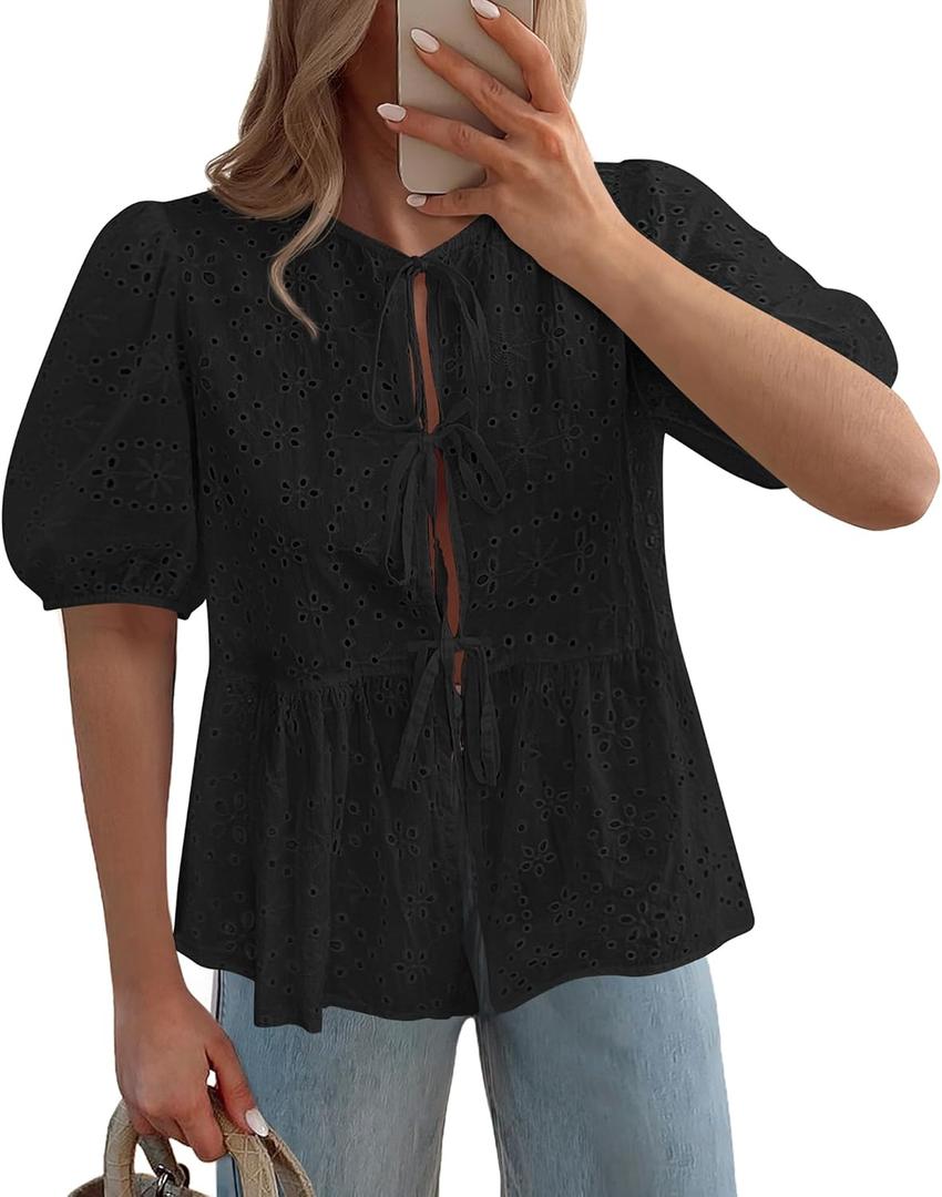 KIRUNDO Peplum Tops for Women 2026 Summer Eyelet Tie Front Blouses Casual Short Lantern Sleeve Cute Y2K Lace Babydoll Shirts (Black, S)