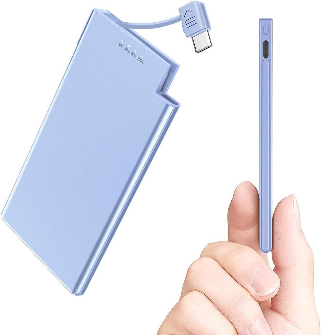 Auskang USB-C Portable Charger with Built in Cable-5000mAh Slim Power Bank Compatible with iPhone16 15 Series/Samsung/Google Pixel/Android Phones etc/Thin Battery Pack for Travel