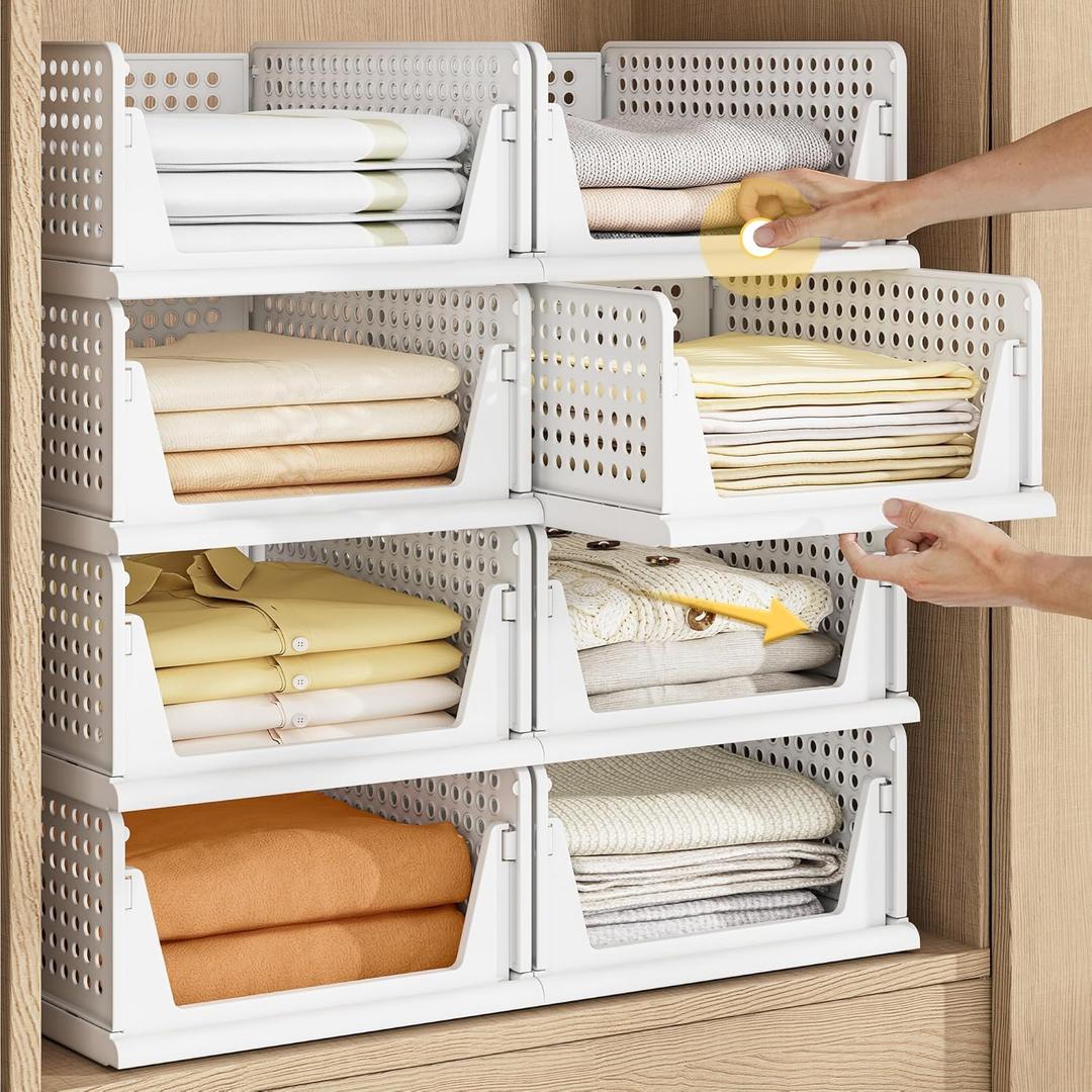 Pinkpum 5 Pack Stackable Plastic Storage Closet Organizers and Storage Bins Drawer Shelf Storage Container for Wardrobe Cupboard Kitchen Bathroom Office White