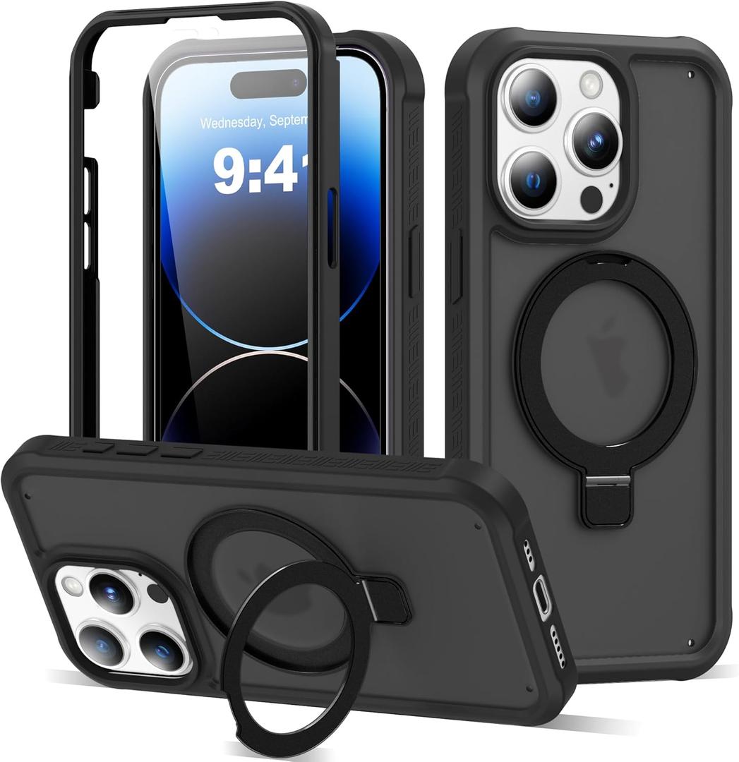 Compatible with iPhone 14 Pro Case with Magnetic Ring Stand [Compatible with Mag-Safe] [Built-in Screen Protector] Military-Grade Drop Protection Matte Translucent Phone Case, Black
