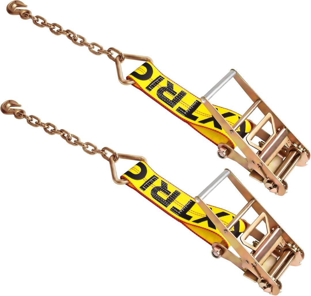 4 Inch Replacement Ratchet w/Chain Anchor,2-Pack Heavy Duty Ratchet Short Straps with Chains Ends & Grab Hooks for Flatbed Trailers, Trucks, Car Haulers, Heavy Equipment Tie-Downs, 4 Inch Width, Length Not Specified
