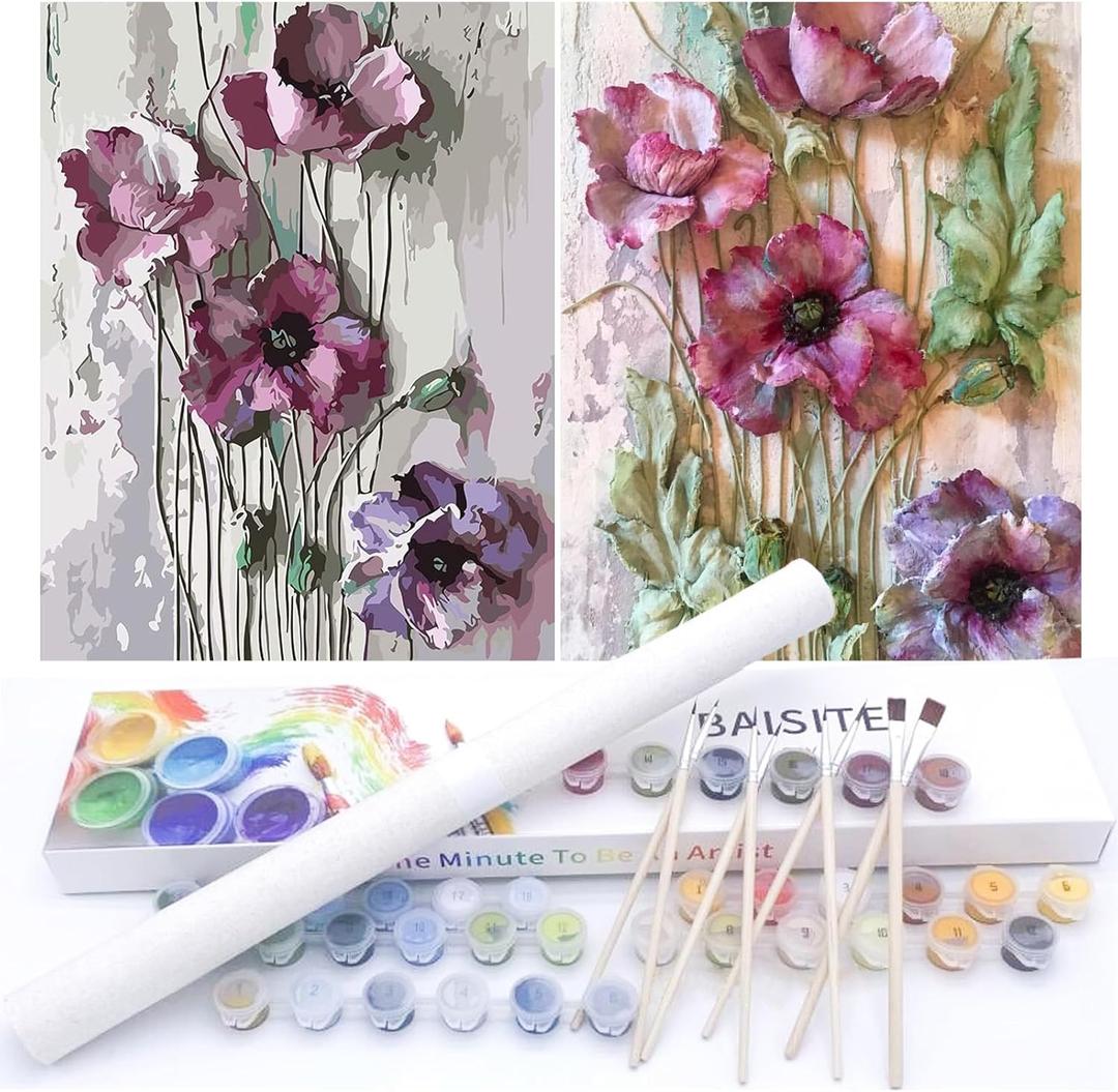 BAISITE Paint by Numbers Kit for Adults Beginners,12" Wx16 L 2 Pack Canvas for Painting Kits for Adults in Colorful Box-Poppies 6566