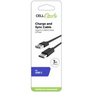 Cell Candy® Charge & Sync Cable for USB C - Black