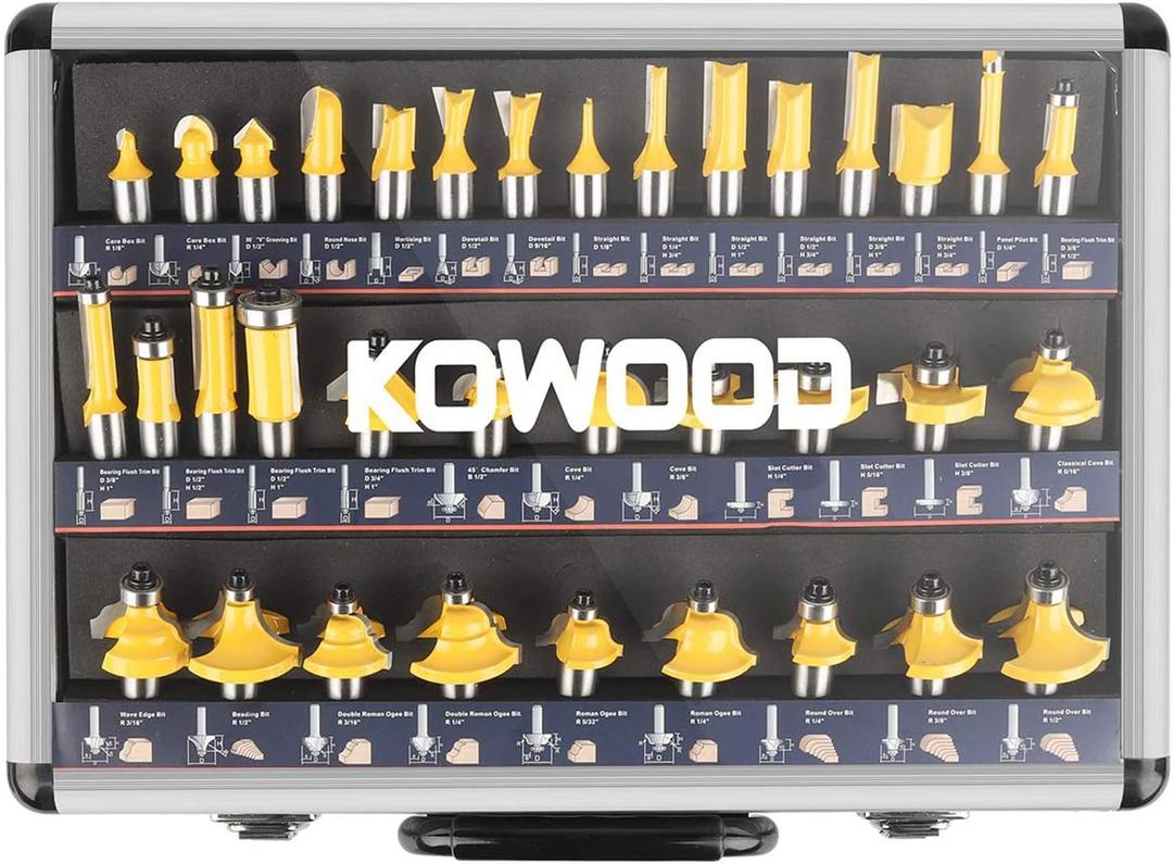 KOWOOD Router Bits Sets 35B Pieces, Tungsten Carbide Router Bits 1/2 Inch Shank with Aluminum Storage Case, T Shape Wood Milling Cutter for Woodworking