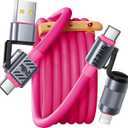 4 in 1 USB C Cable 240W 5FT Fast Charging & Data Transfer, Thicker Silicone Multi Charger Cord for iPhone iPad Charger Wire Combo with L/Type C/USB A for iPhone 16/15/Macbook (Pink)