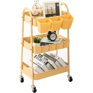 danpinera 3-Tier Rolling Cart, Utility Cart Mobile Metal Rolling Storage Cart with Lockable Wheels & Hanging Cups & Hooks for Kitchen, Bathroom, Office, Workshop, Yellow, Normal