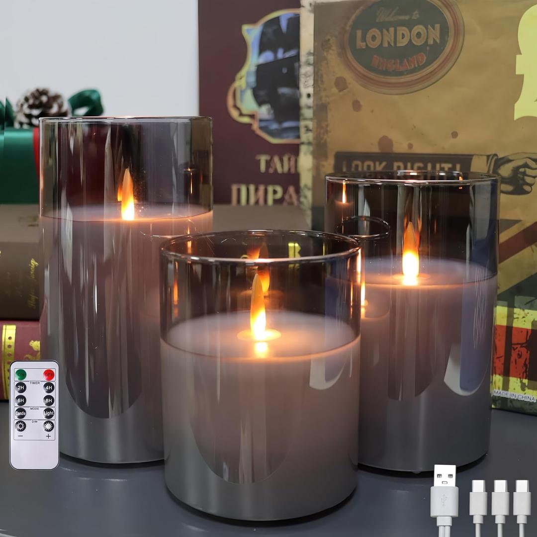 200 Hour Flameless Candles with Remote, Rechargeable Flickering Glass Pillar Candles with Remote and Timer, Moving Flame for Halloween Christmas Festival Wedding Home Party Decor (Gray 3PCS)