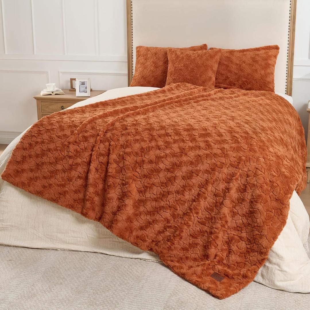 Faux Fur Rabbit Throw Blanket,Super Soft Plush Thick Warm Blanket,Fuzzy Luxury Plush Decorative Blanket for Couch Bed Sofa-Burnt Orange(60 * 90inch)