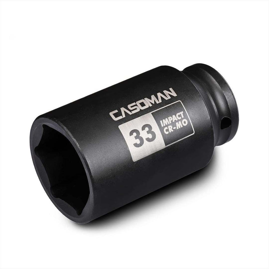 CASOMAN 1/2" Drive x 33 mm Deep 6 PT Impact Socket, CR-MO, 1/2-inch Drive 6 Point Axle Nut Socket for Easy Removal of Axle Shaft Nuts (33MM)