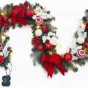 6ft Battery Operated Christmas Garland with 20 LED Lights & Timer, Pre-Lit Artificial Garland for Mantle, Staircase, Table, Indoor Outdoor Xmas Holiday Decor,Red Bow