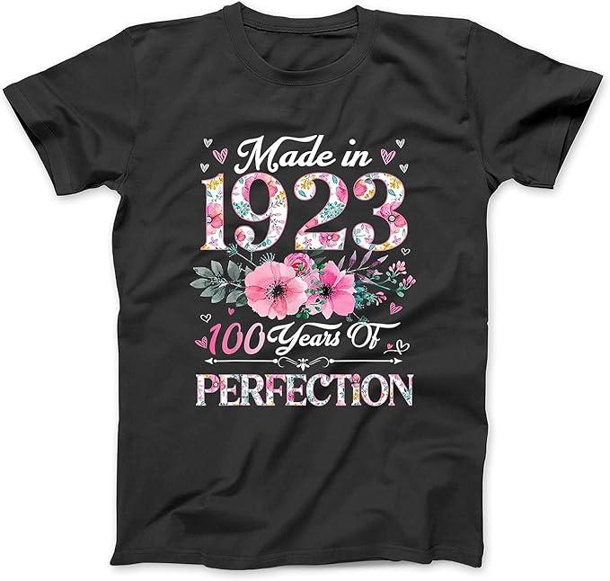 100 Year Old Made in 1923 Floral 100th Birthday Gifts Women T-Shirt Sweatshirt Hoodie Tanktop for Men Women Kids Black  S
