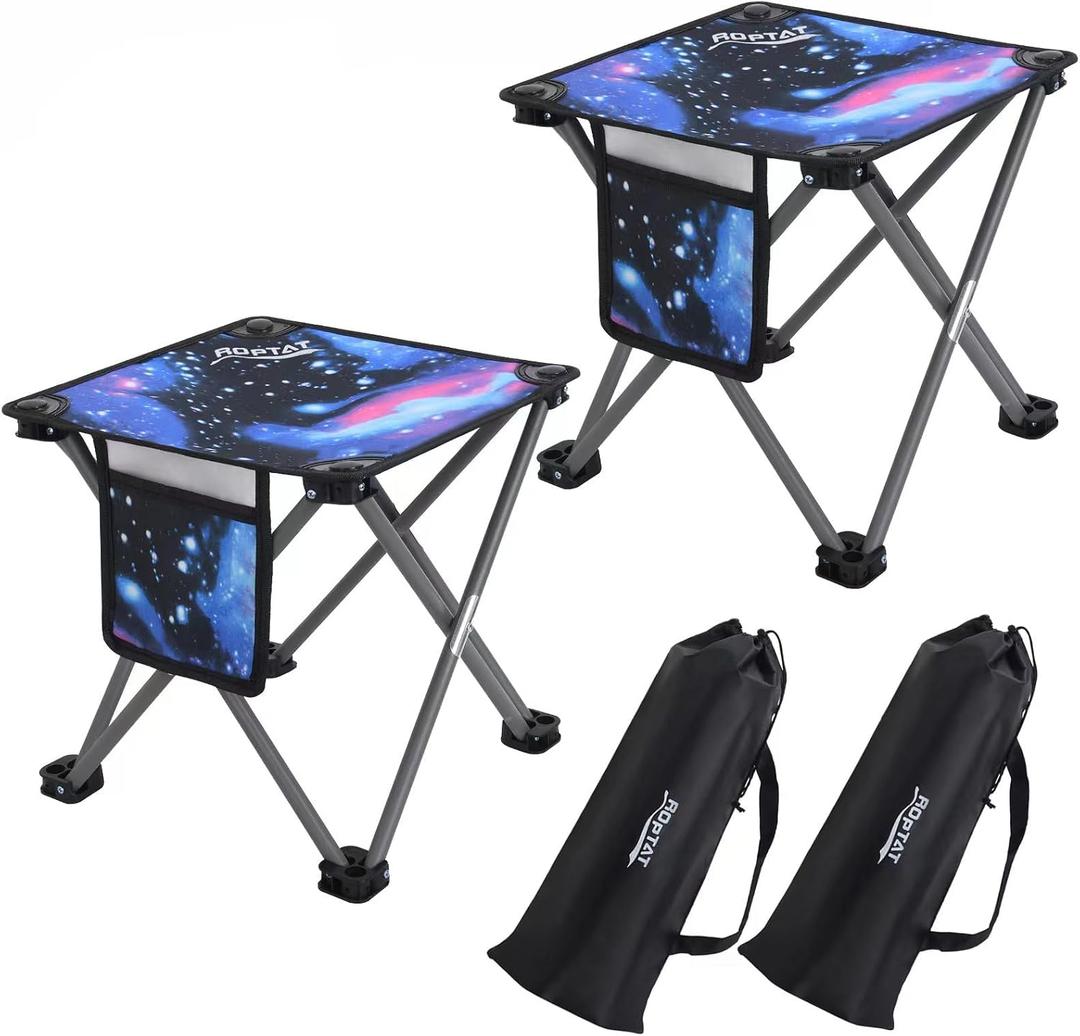 Roptat Pack of 2 Camping Stool, Portable Folding Compact Lightweight Stool Seat for Camping Fishing Hiking Gardening Outdoor Walking Backpacking Travelling and Beach with Carry Bag (Dark Galaxy)