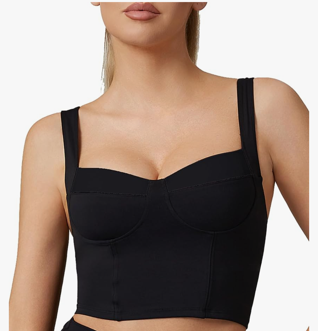 Womens Square Neck Longline Padded Sports Bra- Pushed Up Corset Front Workout Fitness Open Back Yoga Crop Tops Size XL