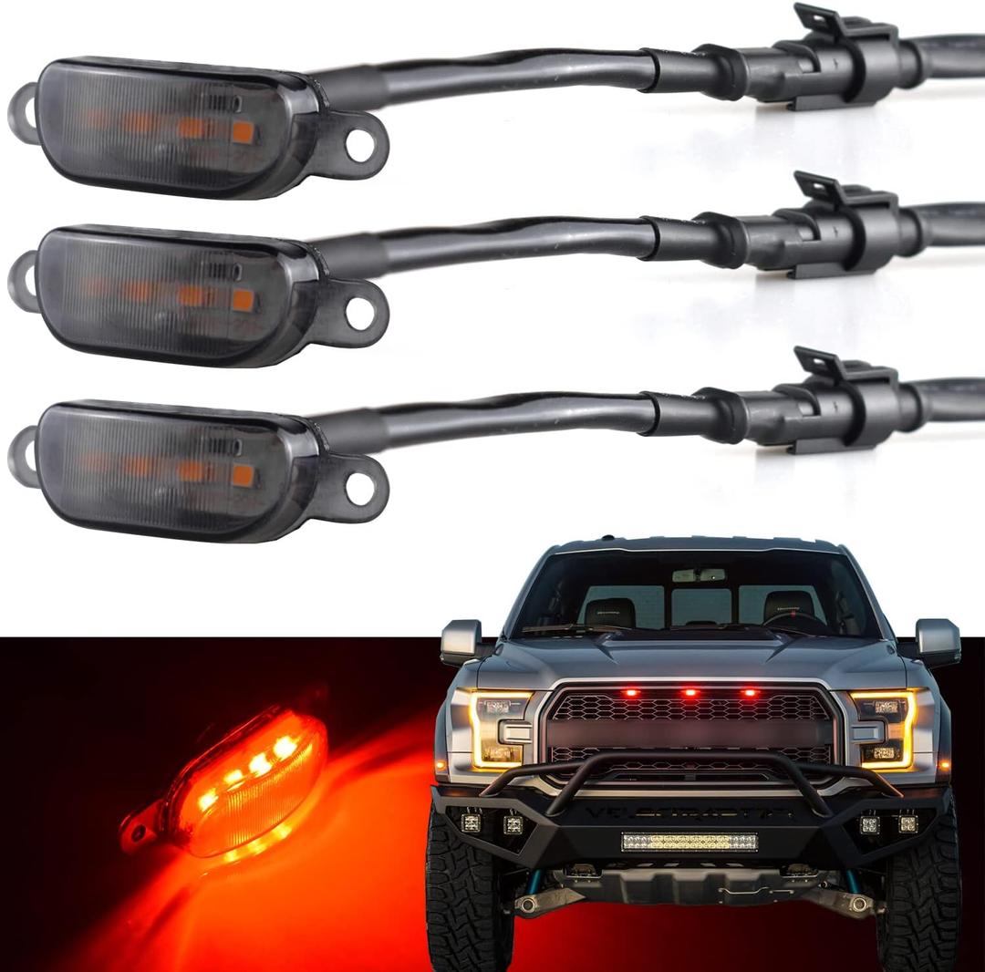Boigoo Front Grille Marker Light 3PCS 4LED Red Lights Smoked Lens Compatible with 2004-2019 Ford F-150 Raptor and 2013-2018 Dodge Ram 1500 Raptor Aftermarket Grille, Automotive Grid Decoration (Red)