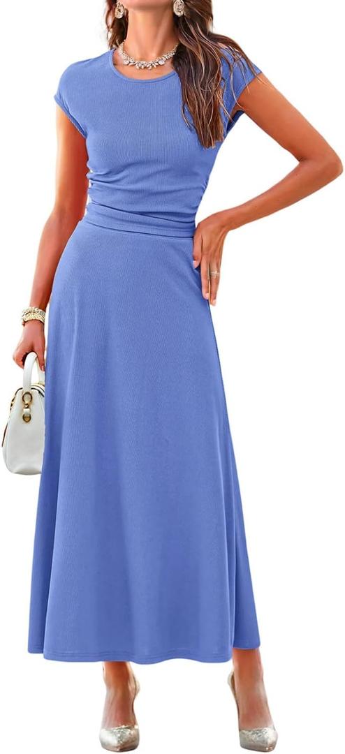 Dokotoo Women's 2 Piece Summer Outfits Casual Crewneck Short Sleeve Ruched Knit Tops Elastic Waist A-Line Midi Skirt Set (Blue, S)