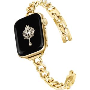 Newlibery Slim Gold Band for Women Feminine Elegant Compatible with Apple Watch 38mm 40mm 41mm 42mm (S10/11) Adjustable Metal Strap Dressy Chain Bracelet for iWatch Series 11/10/9/8/7/6/5/4/SE/3/2/1