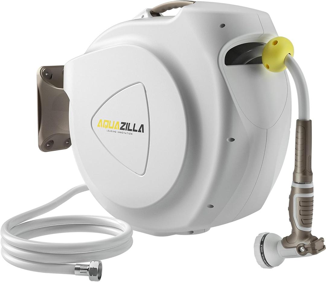 Retractable Garden Hose Reel, 1/2 in 120+6 ft, Heavy Duty Wall Mounted Water Hose Reel, Spring Power Automatic Rewind, Any Length Lock, 180 Swivel Bracket, 10 Pattern Spray Nozzle
