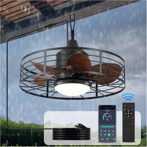 BZX Outdoor Ceiling-Fans with Lights and Remote - 19" Waterproof Caged Ceiling Fan with 3 Color LED Light, App/Remote Control, Quiet DC Motor, Plug-in Cord Hook Installation, for Patios Pergola