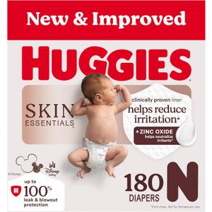 Huggies Size Newborn Diapers, Skin Essentials Baby Diapers, Size Newborn (6-9 lbs), 180 Count (3 Packs of 60)