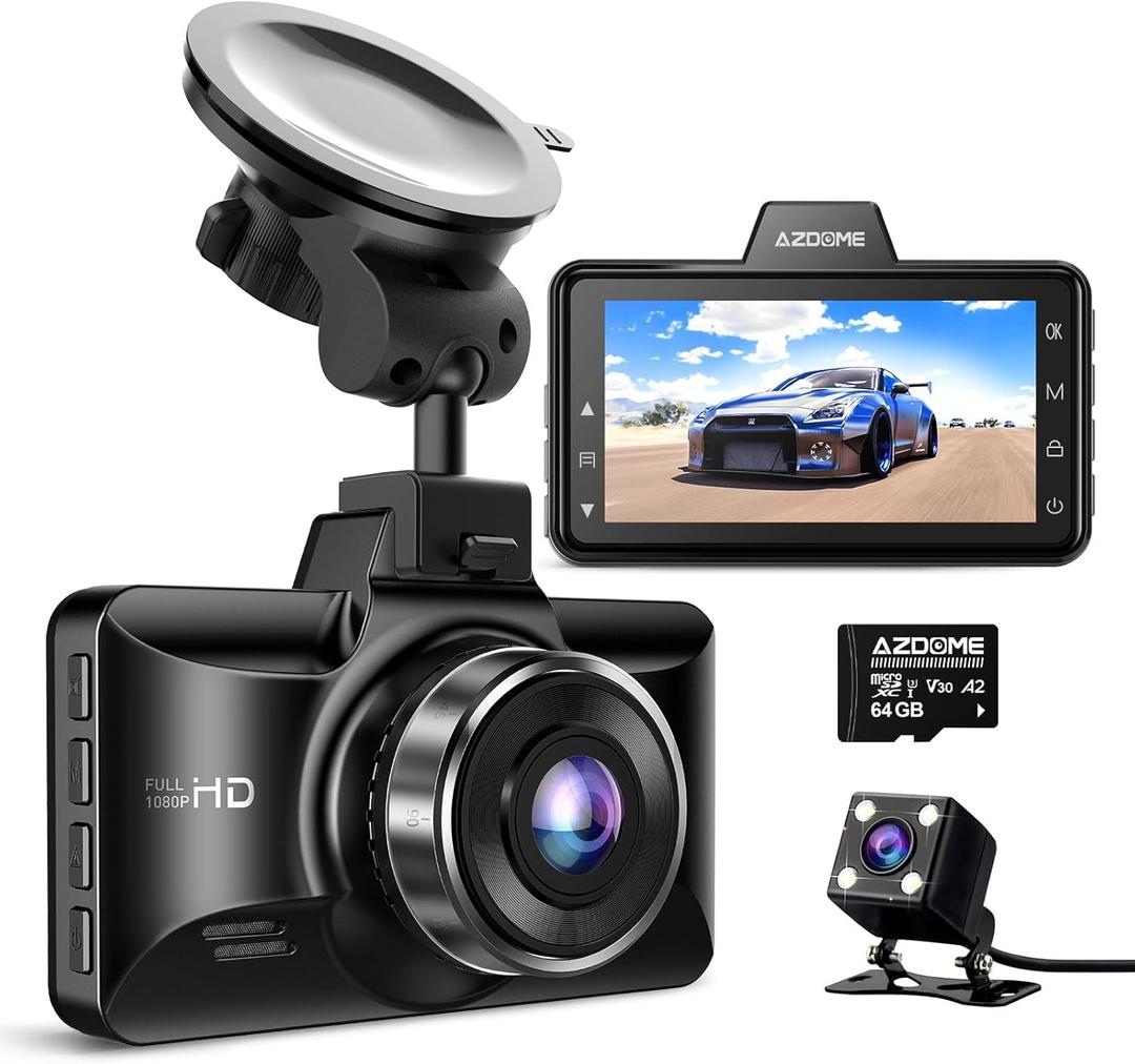 AZDOME M01 Dual Dash Cam Front and Rear with Free 64GB Card, 3" Screen Dual Dashboard Camera for Car, Built-in ADAS G-Sensor, 24H Parking Mode Car Camera (M01 Pro)