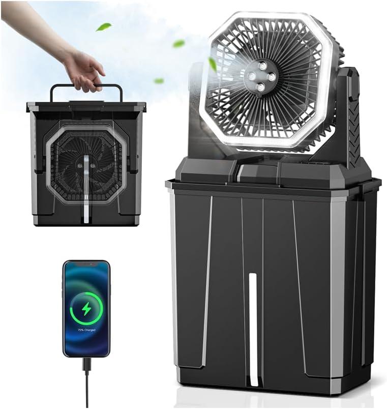 Allsion Rechargeable Misting Fan, 24000mAh Camping Misting Fan with 8L Water Bucket, 3-Speed Outdoor Cooling Fan with LED Lights, 120Oscillation for Camping, Backyard, Patio,Outdoor-Black