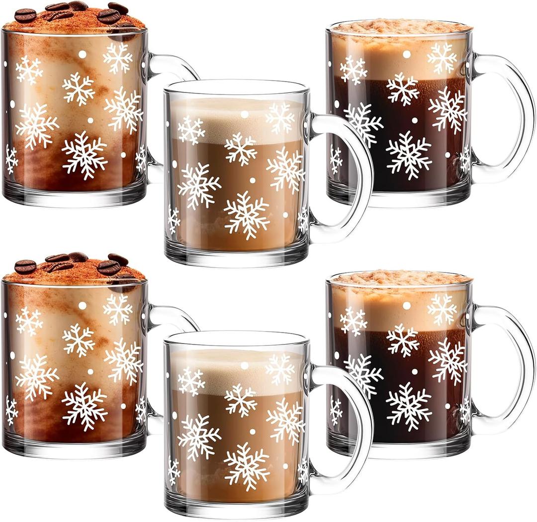 Maxcheck 6 Pack 12 oz Christmas Snowflake Coffee Mugs Glass Cups Xmas Gifts Bulk Clear Drinking Wine Glasses with Handle for Xmas Party Supplies Decorations