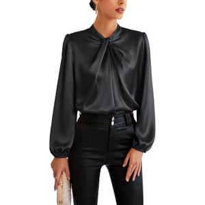 GRACE KARIN Women's Long Sleeve Satin Blouse,Mock Neck Work Silk Shirts,Dressy Tops for Business Casual Office (Medium, Black)