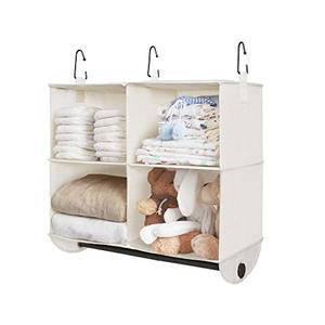 StorageWorks Hanging Closet Organizer with Metal Rod, 4-Section Closet Organizers and Storage, Collapsible Hanging Shelves for Baby Clothes, Shoes, Sweater Storage, Ivory and White