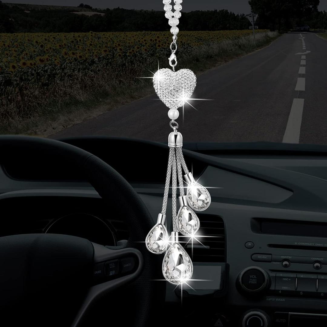 Frienda Bling Car Rear View Mirror Accessories for Women Gift Cute Heart Crystal Hanging Charm Diamond Decoration Lucky Interior Ornament Pendant(7.5 Inch,White)