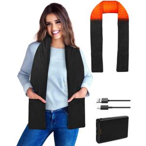 Heated Scarf Neck Heating Pad with 10000mAh Power Bank, Long Heated Neck Wrap for Neck Pain Relief, Cordless Portable Neck Warmer with Pocket for Home, Outdoor, Gift for Women & Men(Black)