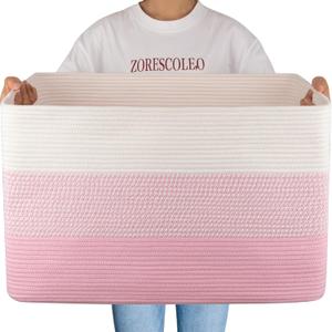 OIAHOMY 108L Super Large Blanket Basket For Living Room, 25x16x16 Rectangle Woven Baskets For Storage, Toy Storage with Handle - Pink&White