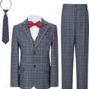 Boys Formal Suit Set Kids Toddler Tuxedo Slim Fit Plaid Suits for Teenage Boys 5-Piece Wedding Party Outfit, 5T