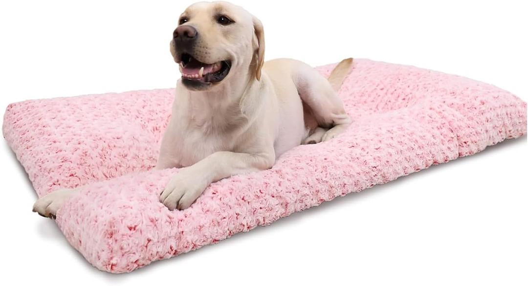 KSIIA Washable Dog Bed Deluxe Plush Dog Crate Beds Comfy Kennel Pad Anti-Slip Pet Sleeping Mat for Large, Jumbo, Medium, Small Dogs Breeds, 35" x 23", Pink