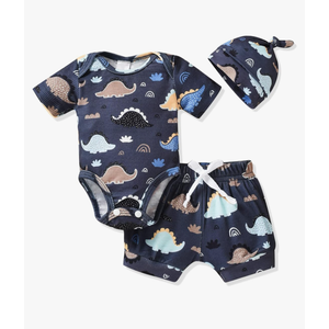 HINTINA Preemie Newborn Infant Baby Boys Outfits Dinosaur Bodysuit Romper Short Pants Hats 3Pcs Summer Clothes Set, Size 52