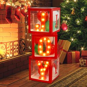 Light Up Christmas Decorations Indoor 3 Large Red Transparent Joy Box with 3 LED 7.9 Inches Marquee Light Up Joy Letters Lights Sign Holiday Fireplace Christmas Decorations for Home